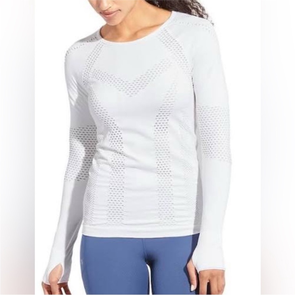 Athleta Burpee White Long Sleeve‎ Laser Cut Double Layer Shirt